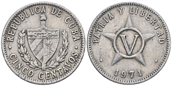 Куба 5 сентаво 1971 KM 34, JMA 45, Y 28, Schoen 32 алюминий 4114-222