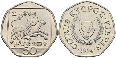 Кипр 50 центов 1994 похищение Европы KM 66 медно-никель 4141-1234