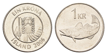 Исландия 1 крона 2006 треска KM 27a сталь плакированная никелем UNC 4687-859