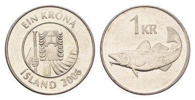 Исландия 1 крона 2006 треска KM 27a сталь плакированная никелем UNC 4687-859