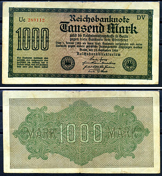 Германия 1000 марок 1922 выпуск 15 сентября 1922, водяной знак J, зеленая бумага, серия DV, буква Uc Pick 76 g (1) бумага 6279-31-1-2