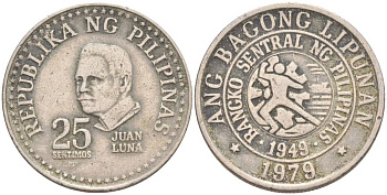 ФИЛИППИНЫ 25 СЕНТИМО 1979 ХУАН ЛУНА KM 227 медно-никель 4551-1144