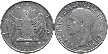 ИТАЛИЯ 1 ЛИРА 1940 R, ВИКТОР ИМАНУИЛ, XVII ГОД, НЕМАГНИТНАЯ KM 77а нержавеющая сталь 89-437