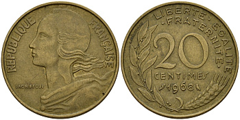 Франция 20 сантимов 1968 KM 930 алюминиевая бронза 4156-657