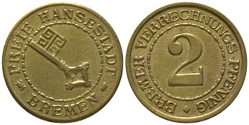 Бремен 2 пфенинга ND Funck 634.1, Men18 4503.1 латунь 4610-327