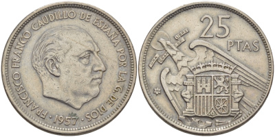 ИСПАНИЯ 25 ПЕСЕТ 1957 (70) ФРАНСИСКО ФРАНКО ДИКТАТОР ИСПАНИИ (1939-1975) KM 787 медно-никель 67-923