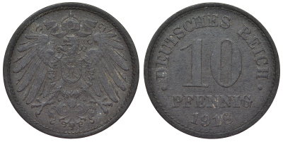 Германия 10 пфеннигов 1918 KM 26, J. 299, Weege 8 цинк 4119-342