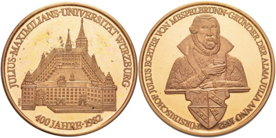 Германия медаль 1982 400 Ллет университета Юлиуса Максимилиана в Вюрцбурге, диаметр 40 мм.  цветной металл    1519-1232