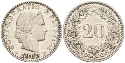 ШВЕЙЦАРИЯ 20 РАППЕНОВ 1902 В KM 29 никель 55-621