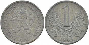 БОГЕМИЯ И МОРАВИЯ 1 КРОНА 1943 ГЕРМАНСКИЙ ПРОТЕКТОРАТ KM 4 цинк 4402-343