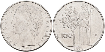 ИТАЛИЯ 100 ЛИР 1974 R, АФИНА КМ 96.1 нержавеющая сталь 4572-615