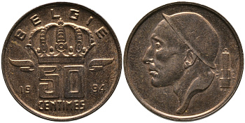 БЕЛЬГИЯ 50 САНТИМОВ 1994 BELGIE, БОДУЭН I (1951-1993) KM 149.1 бронза 99-1213