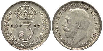 Великобритания 3 пенса 1917 Георг V (1910-1936) KM 813, Spink 4015 серебро 4528-454
