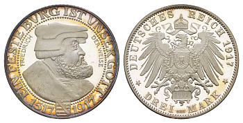 Саксония 3 марки 1917 (1992) 400 лет Реформации, новодел типаж - KM 1276 серебро PROOF 11-157-11