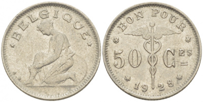 БЕЛЬГИЯ 50 САНТИМОВ 1928 BELGIQUE KM 87 никель 261-1622