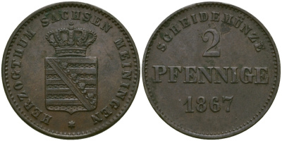 Саксен-Мейнинген 2 пфеннига 1867 Георг II (1866-1914) KM 174 медь 99-652