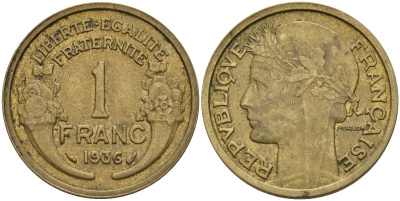 Франция 1 франк 1936 KM 885, Le Franc 219.2 алюминиевая бронза 4142-834