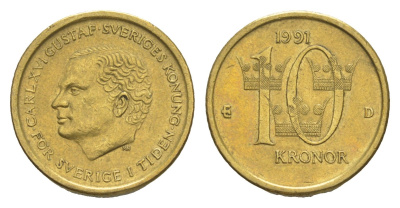 Швеция 10 крон 1991 D, Карл XVI Густав (1973- ) KM 877 нордик aUNC 4643-312