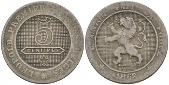 БЕЛЬГИЯ 5 САНТИМОВ 1863 BELGES KM 21 медно-никель 68-732