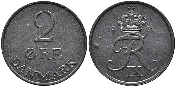 ДАНИЯ 2 ЭРЕ 1951 N; S, ФРЕДЕРИК IX (1947-1972) KM 840.1 цинк UNC 28-1035