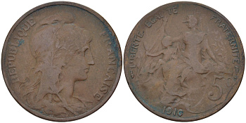 ФРАНЦИЯ 5 САНТИМОВ 1910 ТИП ДАНИЭЛЬ ДЮПЮИ KM 842, LE FRANC 119.22 бронза 28-611