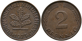 ФРГ 2 пфеннига 1973 G KM 106а, J.381а сталь плакированная медью 99-218