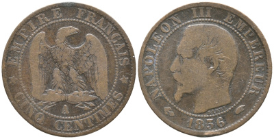 ФРАНЦИЯ 5 САНТИМОВ 1856 А, НАПОЛЕОН III (1852-1870) KM 777.1, LA FRANC 116.30 бронза 34-422