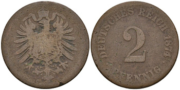 Германия 2 пфеннига 1874 C, старогербовка KM 2, J. 2 медь 4575-617