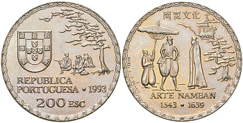 Португалия 200 эскудо 1993 450 лет искусству намбан KM 668 медно-никель UNC 74-515