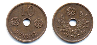 ФИНЛЯНДИЯ 10 ПЕННИ 1942 KM 33.1 медь 51-4942