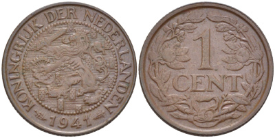 НИДЕРЛАНДЫ 1 ЦЕНТ 1941 ВИЛЬГЕЛЬМИНА (1890-1948) KM 152 бронза 76-534