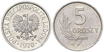 Польша 5 грошей 1970 KM A46 алюминий aUNC 4392-665