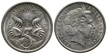 Австралия 5 центов 2001 Елизавета II (1952-2022), ехидна KM 401 медно-никель 84-915