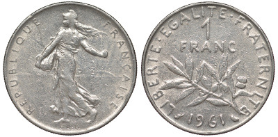 Франция 1 франк 1961 сеятель KM 925.1 никель 25-2347