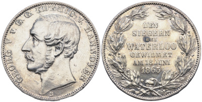 Брауншвейг-Каленберг-Ганновер 1 талер 1865 50 лет битве при Ватерлоо, монета для ветеранов KM 241, AKS. 160, Dav. 684, Kahnt 240, Thun 176 серебро 00-817-67