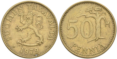 ФИНЛЯНДИЯ 50 ПЕННИ 1979 K KM 48 алюминиевая бронза 4556-214