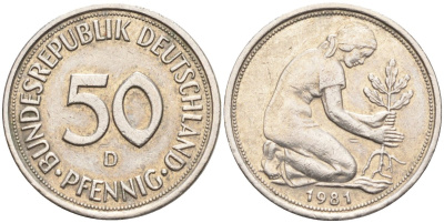 ФРГ 50 пфеннигов 1981 D KM 109, J. 384 медно-никель 4132-1211