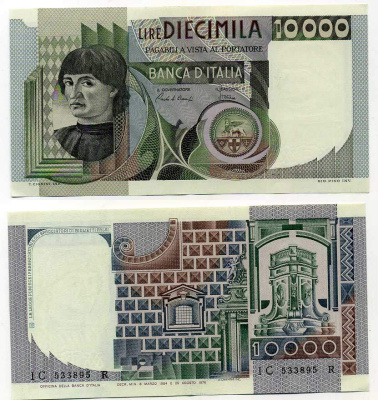 Италия 10000 лир 1984 Мужской портрет Андреа дель Кастаньо Pick 106c 7204-28-3