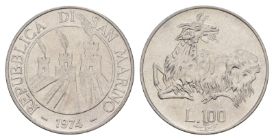 Сан-Марино 100 лир 1974 KM 36 нержавеющая сталь UNC 4648-257