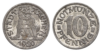 Аахен 10 пфеннигов 1920 Funck 1.1, Men05 70.1, Men18 99.1 железо aUNC 3459-455