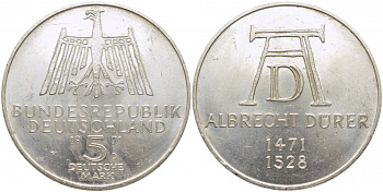 ФРГ 5 МАРОК 1971 D, 500 ЛЕТ СО ДНЯ РОЖДЕНИЯ АЛЬБРЕХТА ДЮРЕРА KM 129, J. 410 серебро 109-641