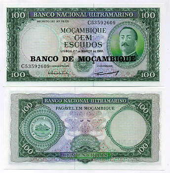 Мозамбик 100 эскудо 1961 (1976) надпечатка на 1961, Айрес де Орнелас  Pick 117 a бумага UNC (пресс) 445-50-2