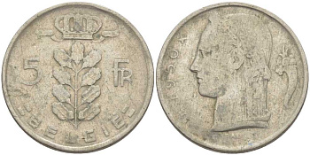 БЕЛЬГИЯ 5 ФРАНКОВ 1950 BELGIE, ЛЕОПОЛЬД III (1934-1950) KM 135.1 медно-никель 119-756