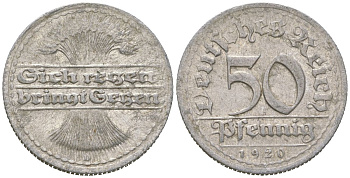 Германия 50 пфеннигов 1920 D KM 27 алюминий 35-1434