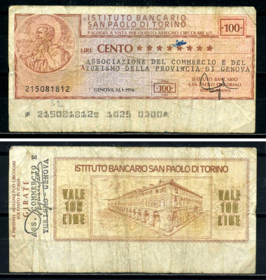 Италия чек на 100 лир 1976 ассоциация комерции и туризма Генуи 12 января 1976 бумага 7147-8-2-2