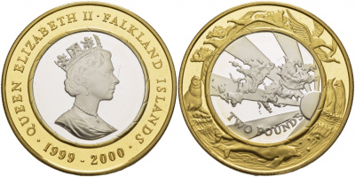 Фолклендские острова 2 фунта 1999 Миллениум, карта, позолота KM 69а серебро, биметалл  PROOF  11-091-41