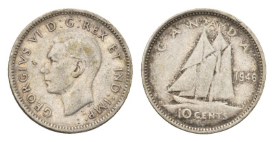 Канада 10 центов 1946 Георг VI (1936-1952), парусник KM 34 серебро 99-547