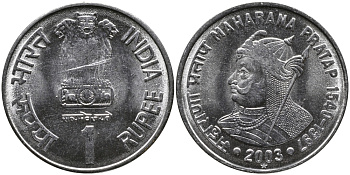 Индия 1 рупия 2003 Махарана Пратап Сингх I KM 314 сталь UNC 4388-1252