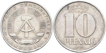 ГДР 10 пфеннигов 1968 А KM 10 алюминий 4589-117
