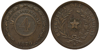 ПАРАГВАЙ 4 СЕНТИСИМО 1870 ГОД ТИП KM 4.1 медь 4179-1345